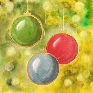 Hand painted watercolor original painting Christmas ornaments bokeh tree